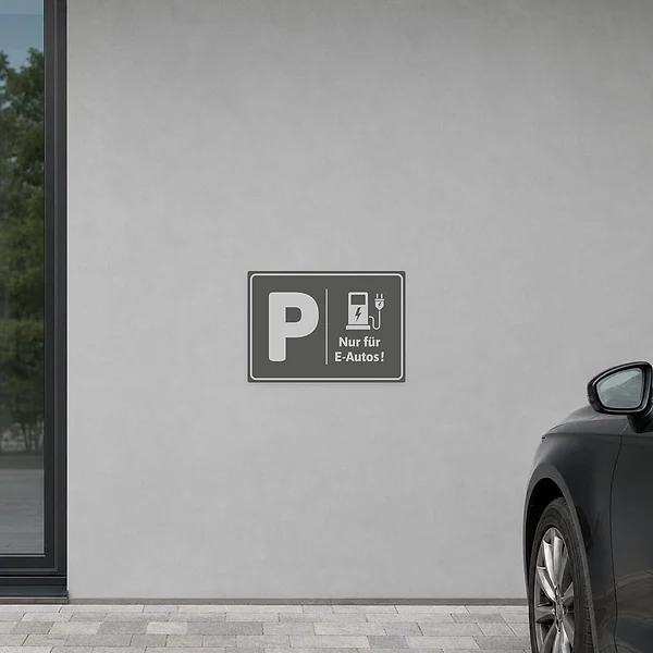 Aufkleber mit Piktogramm für E-Autos-Parkplatz und Ladehinweis in grauem Design.