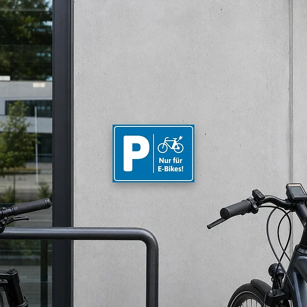 Schild mit blauem Parkplatzmotiv und Hinweis nur für E-Bikes