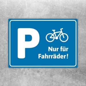 Blauer Aufkleber mit Parkplatzsymbol, Fahrrad und dem Hinweis „Nur für Fahrräder“.