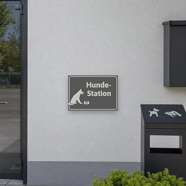 Grauer Schild Hundestation mit sitzendem Hund und Napf als klare Kennzeichnung für den Futterplatz.