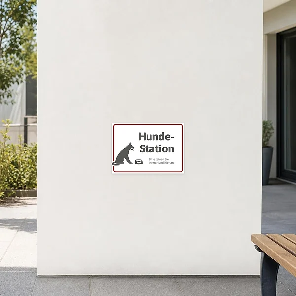 Querformat-Aufkleber für die Hundestation mit Hundesilhouette und dem Hinweis, den Hund hier anzuleinen.