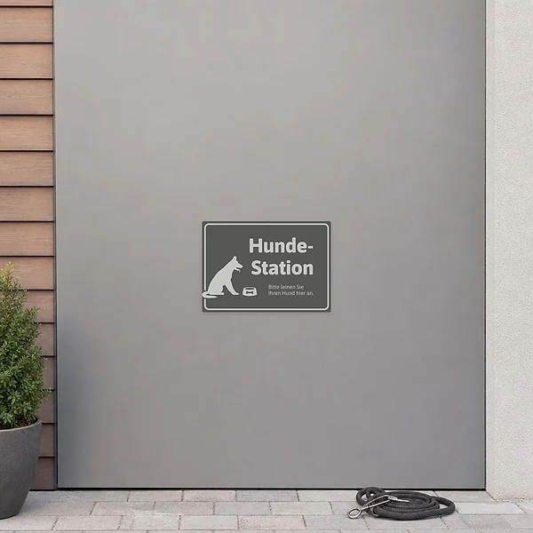 Grauer Hinweisaufkleber für die Hundestation mit Hund und Futterschale, Text: Bitte leinen Sie Ihren Hund hier an.