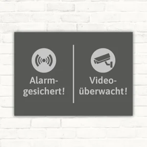 Schild mit der Aufschrift Video-Alarm und Symbolen für Alarm und Überwachung