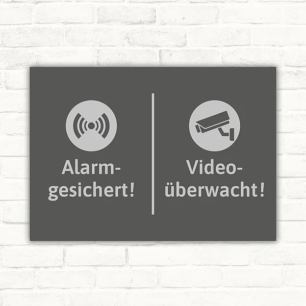Schild mit der Aufschrift Video-Alarm und Symbolen für Alarm und Überwachung