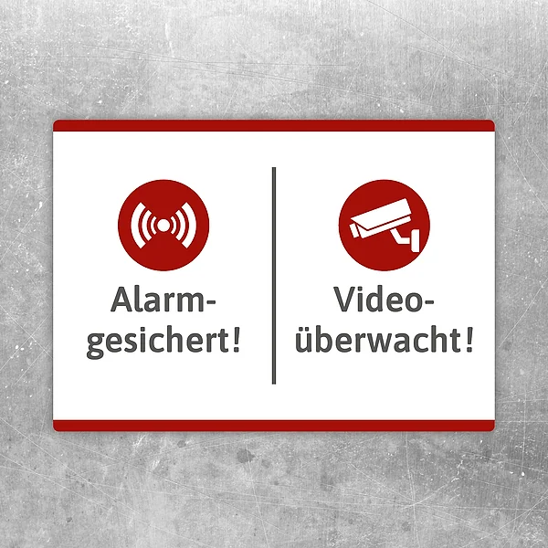 Aufkleber mit dem Hinweis Video-Alarm, alarmgesichert und videoüberwacht für Eingänge und Zugänge.