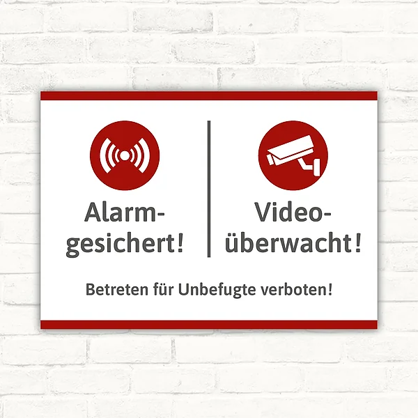 Schild Video-Alarm-Unbefugt mit Kamera- und Alarmsymbol für gesicherte Eingänge.