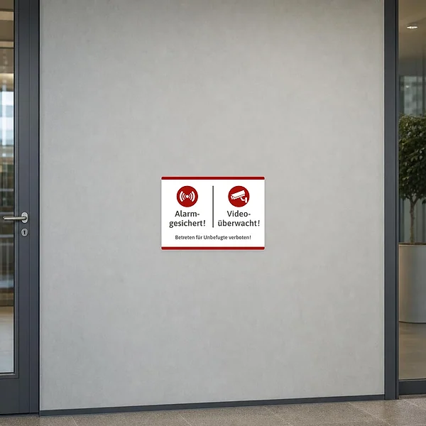 Querformatiger Aufkleber mit Alarm- und Kamera-Symbol sowie Hinweis auf Video-Alarm-Unbefugt.