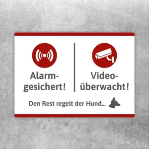 Aufkleber mit Alarm- und Videohinweis sowie Hundesymbol für Eingang und Grundstück.
