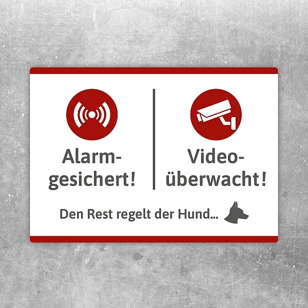 Aufkleber mit Alarm- und Videohinweis sowie Hundesymbol für Eingang und Grundstück.