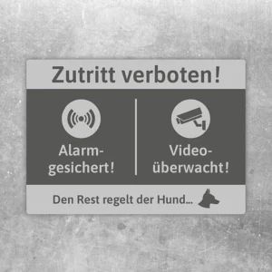 Aufkleber mit Text Video-Alarm-Hund, Zutritt verboten, Alarmgesichert und Videoüberwacht.