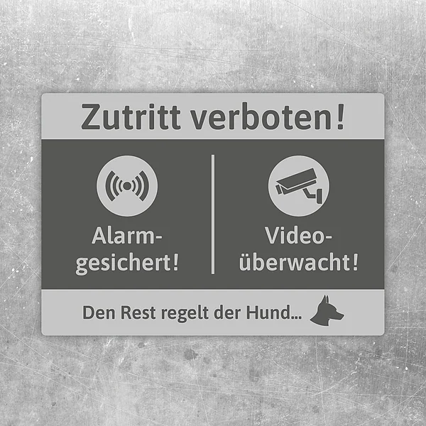 Aufkleber mit Text Video-Alarm-Hund, Zutritt verboten, Alarmgesichert und Videoüberwacht.