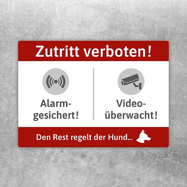 Aufkleber mit Video-Alarm-Hund Motiv und deutlicher Zutrittswarnung.