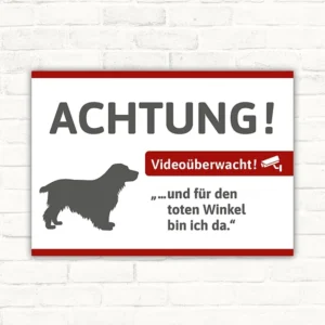Schild mit Cocker-Spaniel und Hinweis auf Videoüberwachung für Eingang oder Tor.
