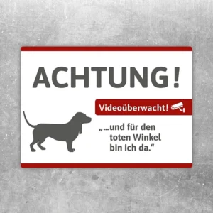 Aufkleber mit Basset-Motiv und Hinweis auf Videoüberwachung für Eingangsbereiche.