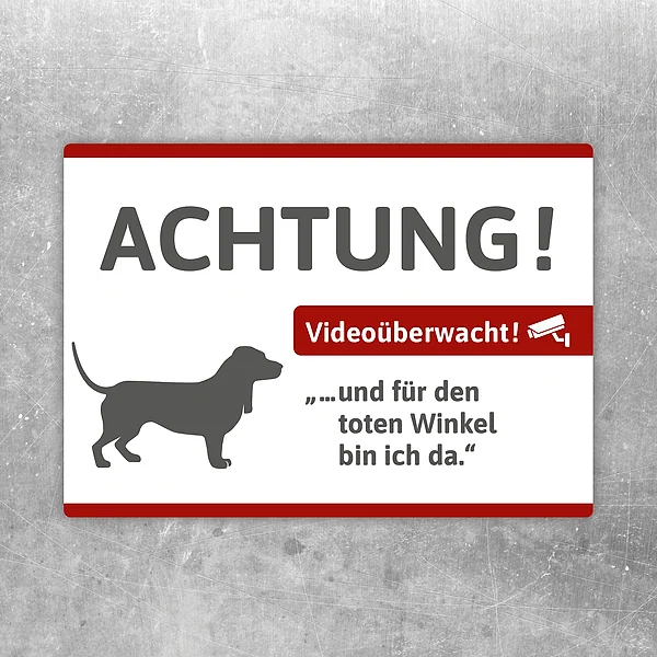 Aufkleber mit Basset-Motiv und Hinweis auf Videoüberwachung für Eingangsbereiche.