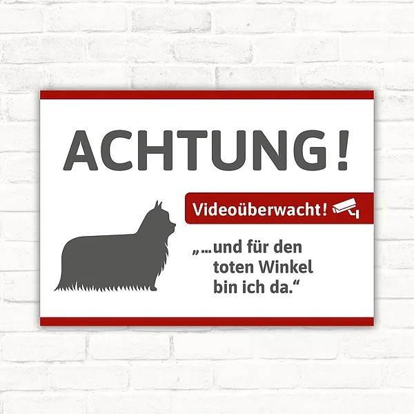 Schild mit Yorkshire-Terrier und Videoüberwachungshinweis für Eingang oder Fenster.