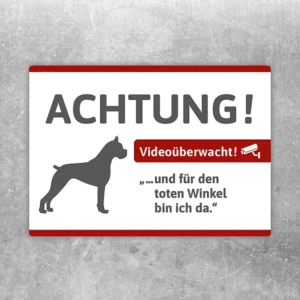 Aufkleber mit Boxer-Hund und dem Hinweis Videoüberwacht für Eingänge und Grundstücke.