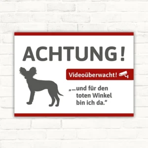 Schild mit Chihuahua und Video-Hinweis für Türen oder Eingänge.