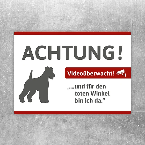 Aufkleber mit Airedale-Hund und Hinweis auf Videoüberwachung für Eingangsbereiche.