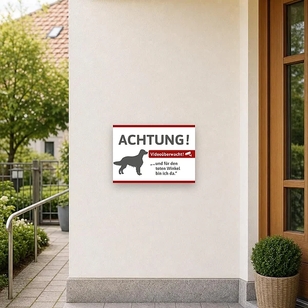 Querformatiger Schild mit Irish Setter, Videohinweis und klarer Warnbotschaft für Grundstück und Eingang.