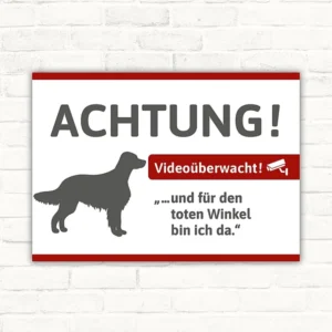 Schild mit Irish-Setter-Silhouette und dem Hinweis Videoüberwacht für Eingänge und Tore.