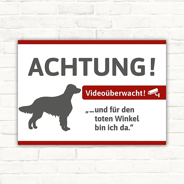 Schild mit Irish-Setter-Silhouette und dem Hinweis Videoüberwacht für Eingänge und Tore.