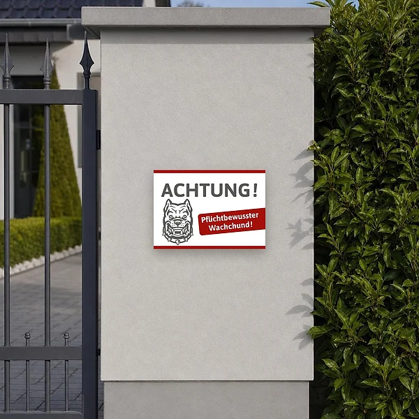 Hinweisschild mit weißer Wachhund-Bulldogge für Haustür, Zaun, Einfahrt oder Gewerbezugang.