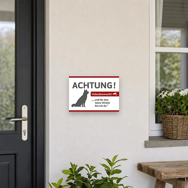 Husky-Hinweisschild mit dem Text Achtung und Videoüberwacht für Kamera-Bereiche