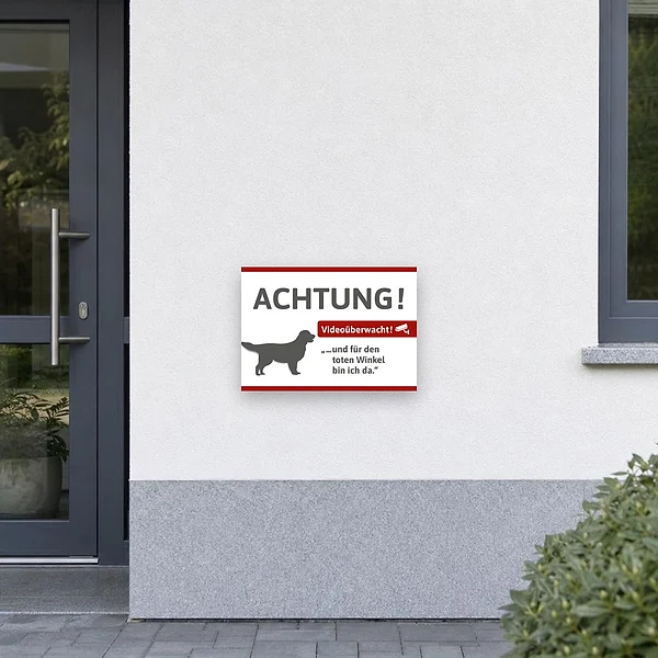 Golden Retriever Hinweisschild mit Videoüberwachung für Tür, Zaun oder Gartentor.