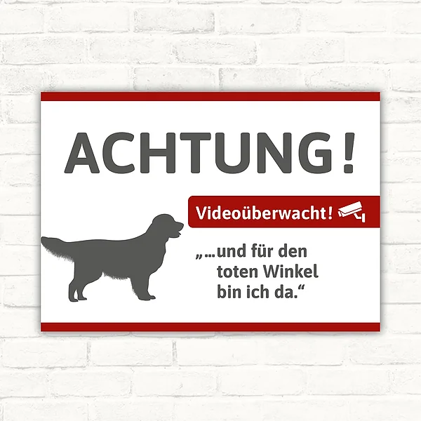 Schild mit Golden Retriever und Hinweis auf Videoüberwachung für Eingänge und Grundstücke.