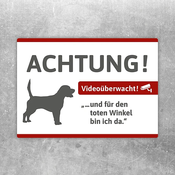 Aufkleber mit Beagle-Silhouette, dem Hinweis Videoüberwacht und Text zum toten Winkel.