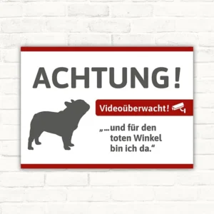 Schild mit Französischer Bulldogge und Videohinweis für Tür, Tor oder Zaun.