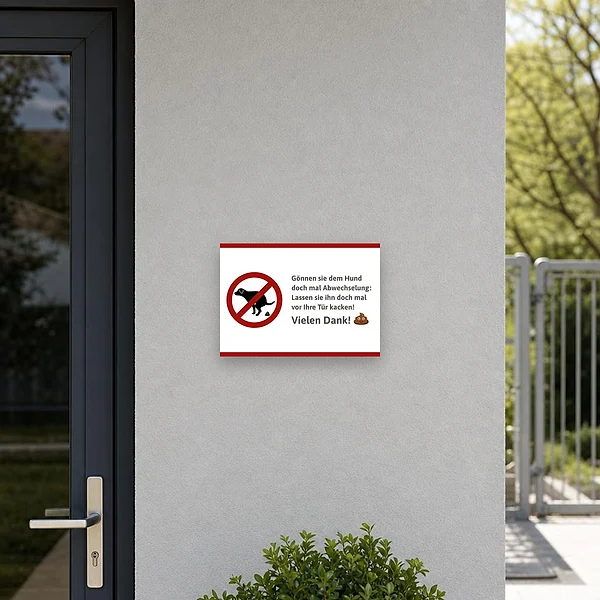 Weißer Hund Hinweisschild mit humorvollem Dankesmotiv für Eingangsbereich und Garten