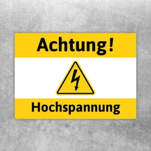 Aufkleber mit Warnsymbol und Text Achtung Hochspannung für elektrische Gefahrenbereiche
