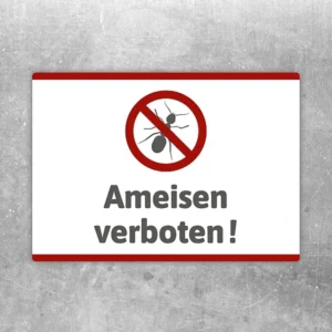 Querformatiger Aufkleber mit Verbotssymbol und dem Text „Ameisen verboten!“