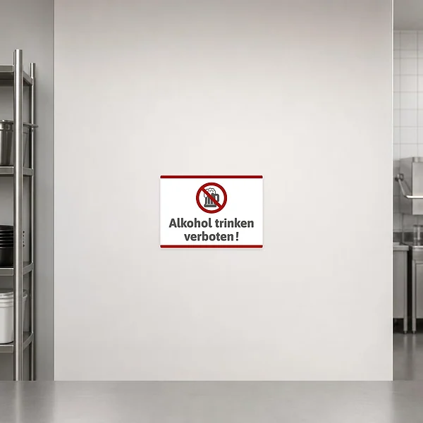 Querformatiger Aufkleber mit rotem Verbotssymbol und der Aufschrift Alkohol trinken verboten.