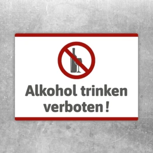Aufkleber mit dem Hinweis „Alkohol trinken verboten“ und Symbol für Wein.