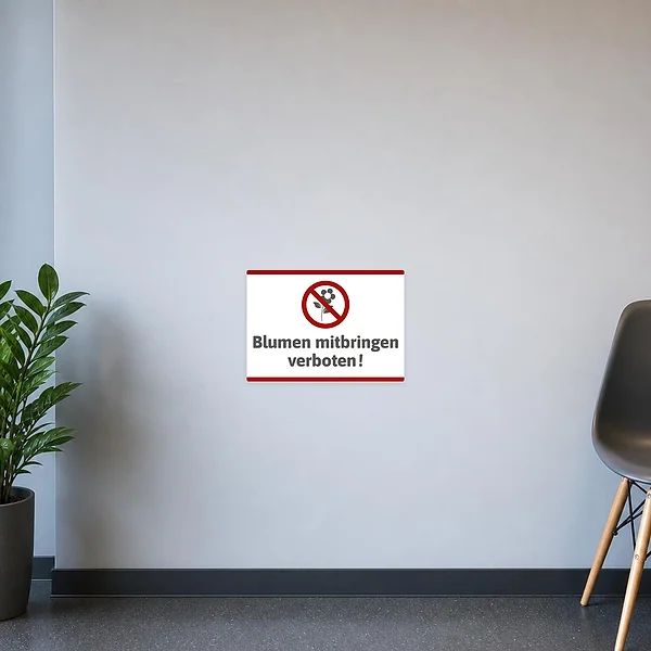 Querformatiger Verbotsaufkleber mit durchgestrichenen Blumen und dem Text Blumen mitbringen verboten.
