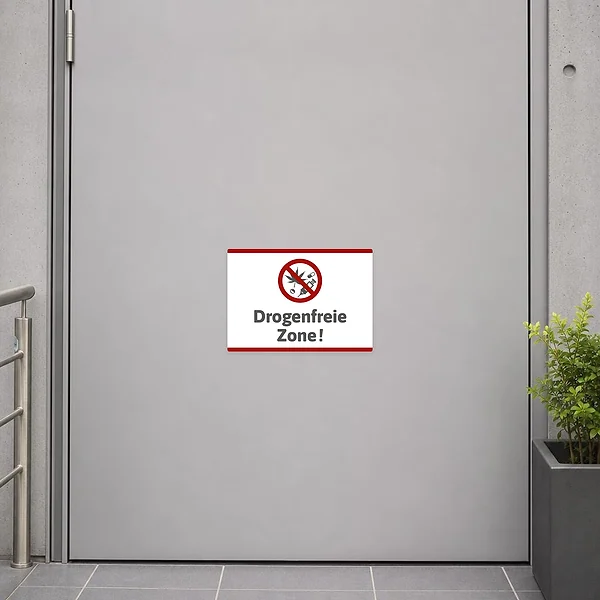Drogenfreie-Zone-Aufkleber mit Verbotssymbol, geeignet für Türen und Eingangsbereiche.
