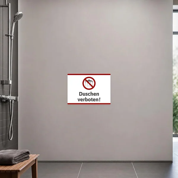Querformatiger Aufkleber mit Duschsymbol im Verbotsschild und Text Duschen verboten.
