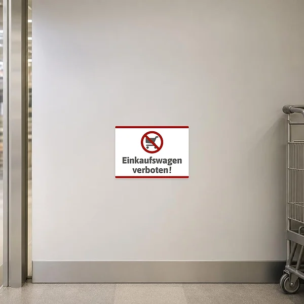 Einkaufswagen-verboten-Aufkleber mit rotem Verbotssymbol als Hinweis für Handel, Lager und Zutrittsbereiche.