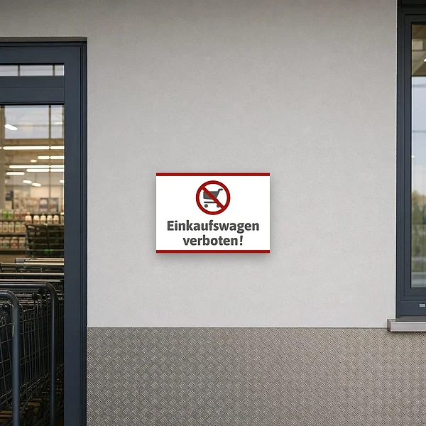 Einkaufswagen-verboten-Schild mit rotem Verbotssymbol als Hinweis für Handel, Lager und Zutrittsbereiche.