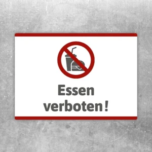 Aufkleber mit dem Hinweis „Essen verboten“ und rotem Verbotssymbol.