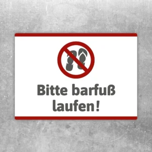 Aufkleber mit Hinweis Bitte barfuß laufen und Verbotssymbol für Eingänge und Wellnessbereiche.