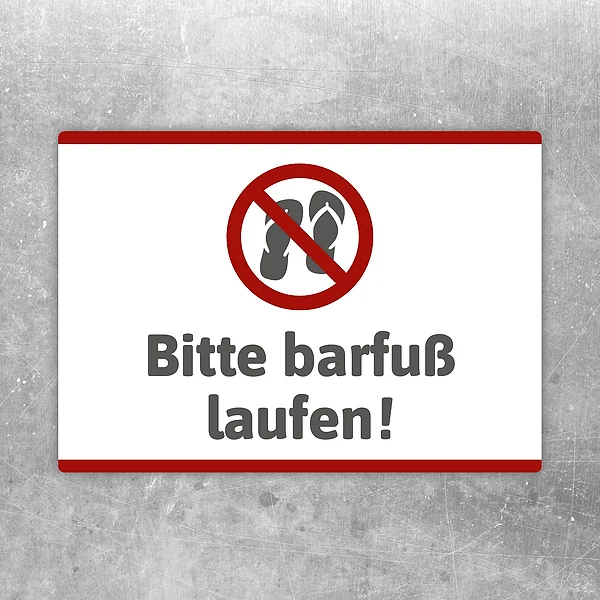Aufkleber mit Hinweis Bitte barfuß laufen und Verbotssymbol für Eingänge und Wellnessbereiche.