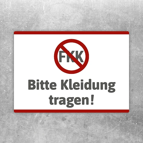 Aufkleber mit dem Hinweis Bitte Kleidung tragen für Umkleiden und Eingangsbereiche.