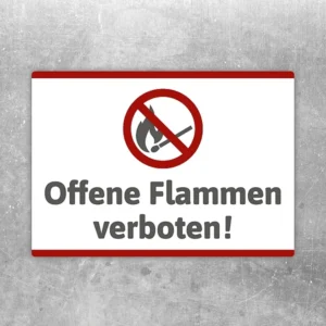 Aufkleber mit Flammensymbol und Text „Offene Flammen verboten“ für klare Verbotskennzeichnung.