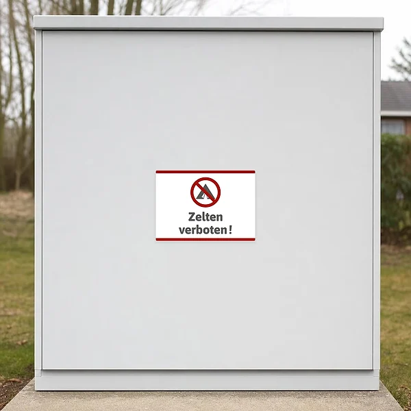 Querformat-Aufkleber mit Zeltverbot-Symbol und Schriftzug für Campingplätze, Zufahrten und Sperrzonen.