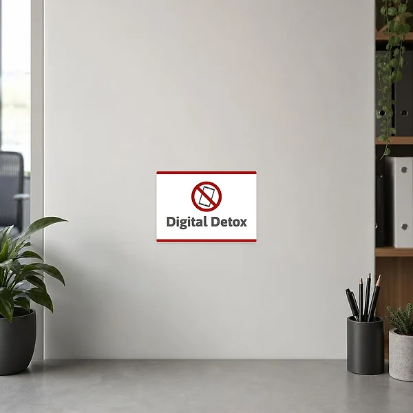 Digital Detox Aufkleber mit Verbotssymbol über einem Smartphone für ruhige, handyfreie Bereiche.