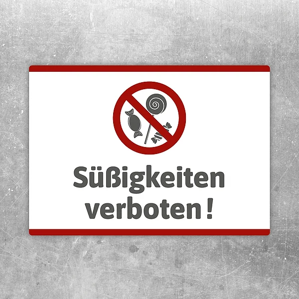 Aufkleber mit rotem Verbotssymbol und dem Text Süßigkeiten verboten auf weißem Hintergrund.